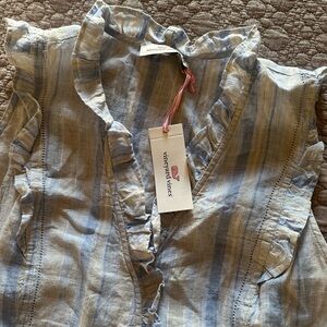 Vineyard Vines Blue and Cream Striped Ruffle Sleeve Blouse